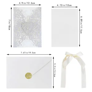 Silver laser cut wedding invitation set with detailed dimensions for envelopes and cards