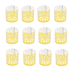 Laser-cut floral paper napkin rings in yellow and cream white displayed in 12-piece set