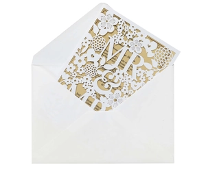 Detail of laser-cut Mr & Mrs wedding invitation with intricate floral lace and white envelope