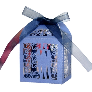 Laser cut blue wedding favor box with Mr & Mrs silhouette and dark blue organza ribbon