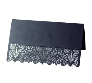 Elegant black laser-cut lace place card with floral mandala design for wedding tables