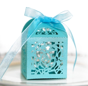 Elegant light blue laser-cut rose gift box with matching sheer organza bow for weddings
