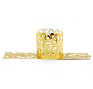 Detailed laser-cut gold floral hollow cupcake wrappers with glossy reflective metallic finish