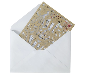 Detailed view of laser-cut gold Mr & Mrs wedding invitation with floral pearl paper cover