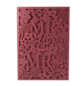 Detailed laser-cut wine red Mr & Mrs wedding invitation card with intricate floral patterns