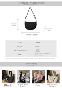 Detailed size chart and multi-color options for the nylon crescent crossbody dumpling bag