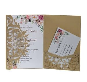 Laser cut wedding invitation set with floral card and RSVP in elegant cutout sleeve