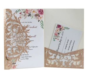 Detailed laser-cut rose gold glitter wedding invitation set with floral card and RSVP