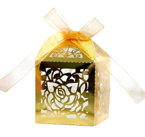 Elegant gold laser-cut rose gift box with matching organza ribbon for weddings