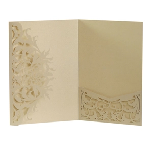 Detailed laser cut floral hollow pattern on luxury gold pearlescent paper invitation