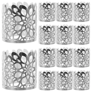 Detailed laser-cut silver hollow flower metal napkin rings in a 14-piece bulk set