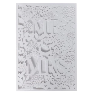 Laser cut white Mr & Mrs wedding invitation card with intricate floral rose patterns