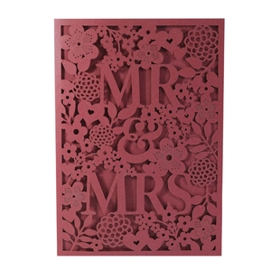 Laser cut burgundy wedding invitation card with floral MR & MRS hollow design