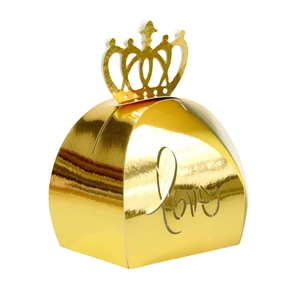 Golden mirror laser-cut LOVE candy box with crown handle for wedding favors