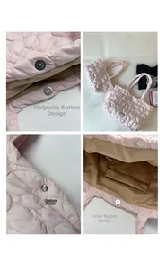 Detail of pink quilted tote bag showing magnetic buckle and functional inner zipper pocket