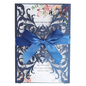 European Laser Cut Rose Wedding Invitation Cards With Artificial Pearl Paper Hollow Out Cover Satin Ribbon Bow Floral Inner Page