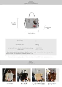 Size chart showing dimensions and PU leather material details for women's crossbody bucket bag