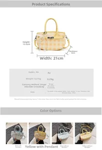 Detailed dimensions and specs for plaid handbag with pearl bow charm and PU leather