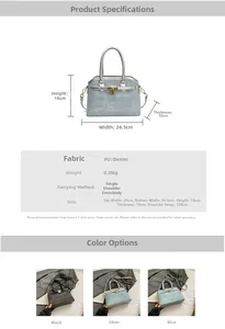 Detail view of denim bucket bag dimensions and specifications with crossbody strap options