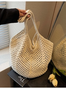 Women Fashion PU Polyester Woven Tote Bag Large Capacity Hollow Out Knit Shoulder Bag Summer Beach Casual Vacation Handbag