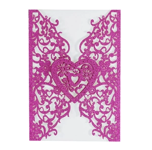 Detailed laser-cut rose red glitter invitation cover with heart and floral pattern