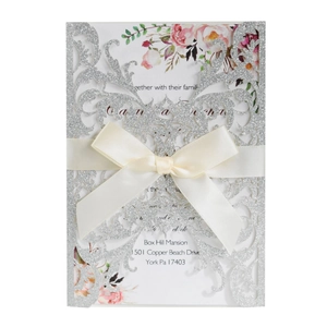 Elegant Laser Cut Rose Flower Wedding Invitations Glitter Paper Lace Pocket With Satin Ribbon Bow Floral Inner Card Envelope