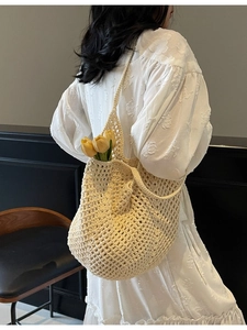 Off-white crochet woven tote bag with hollow mesh design and large capacity for summer