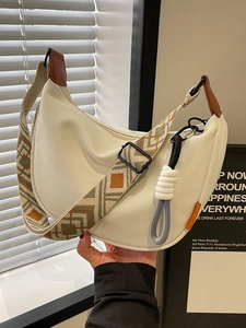 Women Canvas Crescent Hobo Bag Fashion Color Block Letter Printed Wide Strap Casual Shoulder Crossbody Bag Dumpling Bag
