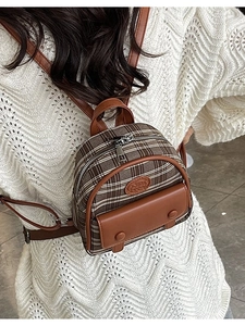Mini vintage plaid backpack for women with brown PU leather trim and magnetic pocket
