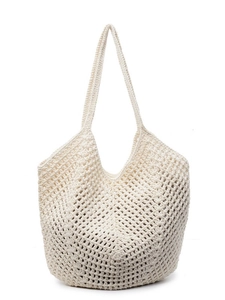 Large cream crochet tote bag with woven hollow mesh texture for bohemian beach style