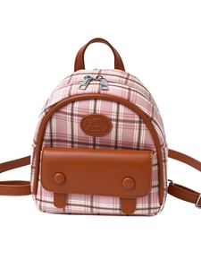 Mini retro plaid backpack with pink fabric and brown leather trim for women