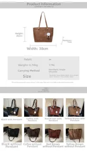 Detailed size chart and dimensions of the large PU leather tote bag with four color options