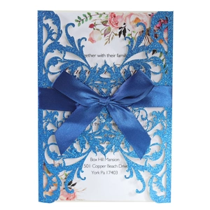 Blue glitter laser cut rose wedding invitation card with satin ribbon and floral insert