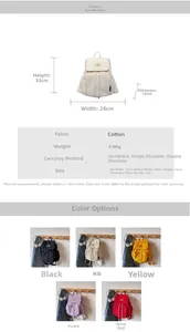 Detailed size specifications and five color options for the lightweight nylon backpack