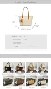 Detailed chart showing PU woven tote bag dimensions, material specs, and color options
