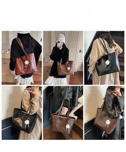 Detailed close-up of large minimalist tote bags with plush pendants shown in a multi-view grid