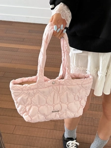 Pink heart quilted puffer tote bag with padded shoulder straps and large capacity