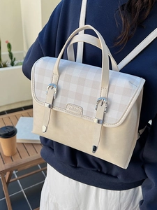British retro college style backpack with cream leather and beige plaid stitching