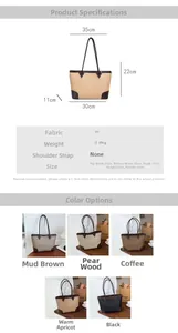 Detailed dimension chart and color guide for spacious two-tone PU leather tote bag