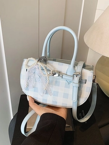 Women Gingham Bucket Bag With Artificial Pearl Lace Bow Pendant Sweet Retro PU Leather Handbag Adjustable Shoulder Crossbody Bag