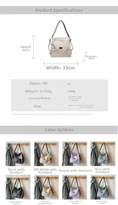Detail guide showing 33x33x10cm dimensions and color variants for versatile PU backpack