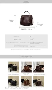 Detail view of vintage PU leather bucket bag with metal ring handles and tassel pendant