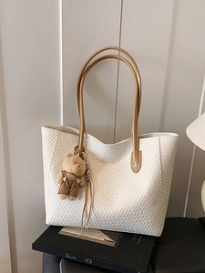 Women Woven PU Leather Large Capacity Tote Bag Fashion Simple Commuter Shoulder Bag With Plush Bear Charm Solid Color