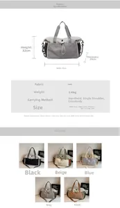 Detailed size chart and multi-functional carrying options for grey travel duffel bag