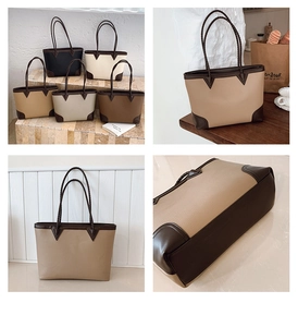 Detail view of large tote bags in five colors with lychee grain and reinforced base corners
