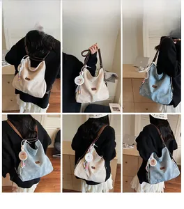 Multi-angle view of beige and grey canvas tote bags with leather straps and charms