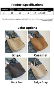 Detailed size specifications and color options for large canvas tote bag for women