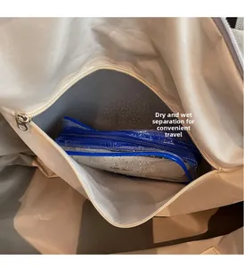 Detail view of water-resistant dry wet separation pocket inside the travel bag