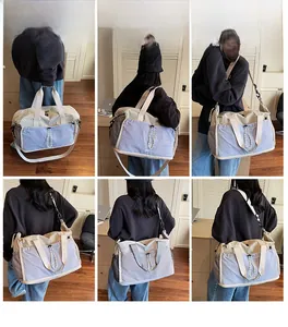 Detailed views of a lightweight multi-functional travel bag with drawstring pocket and strap