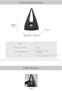 Detailed size chart and specifications for the large polka dot canvas tote bag